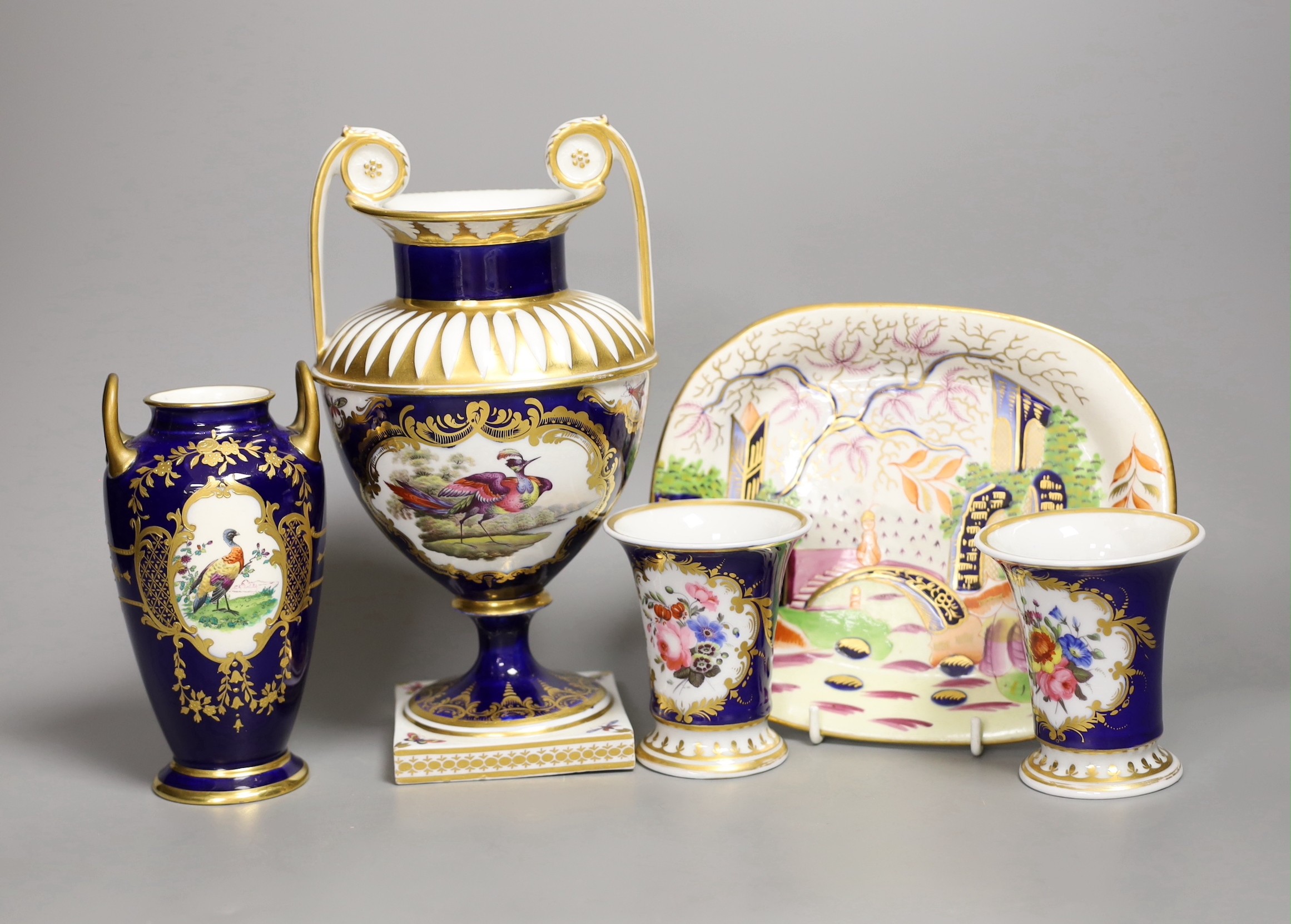 A selection of English china, to include a pair of Chamberlains Worcester spill vases, a Spode two handled vase, a Minton vase and a Derby dish, tallest 23cm, (5)